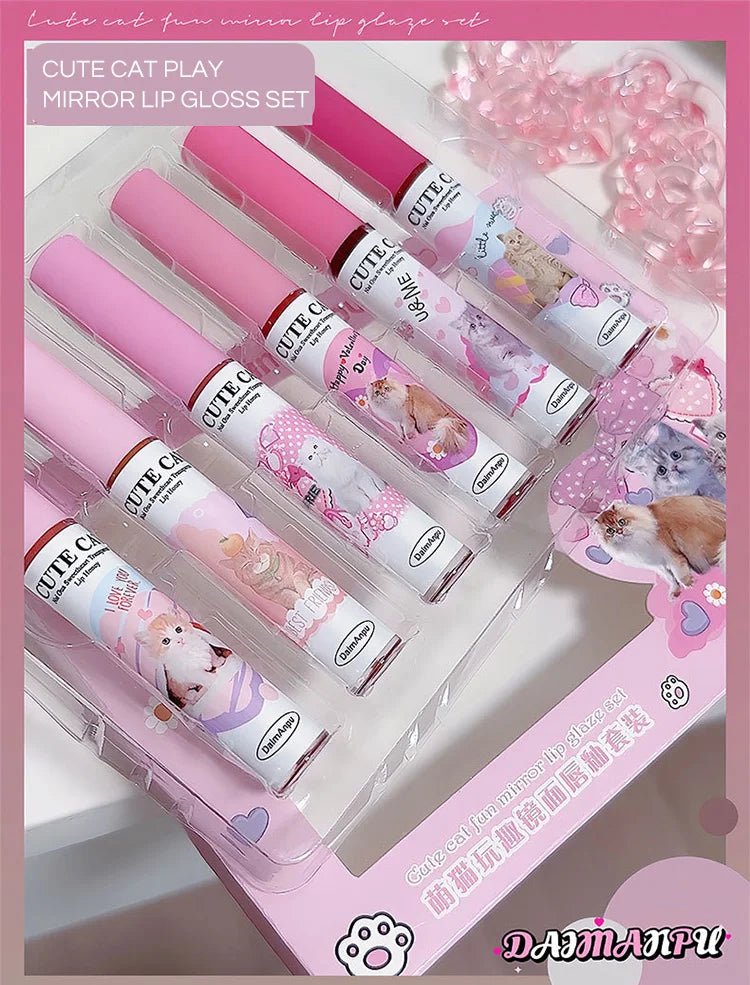 Cute Cat Mirror Lip Glaze Set – 6 Colors Hydrating Glossy Lip Stain