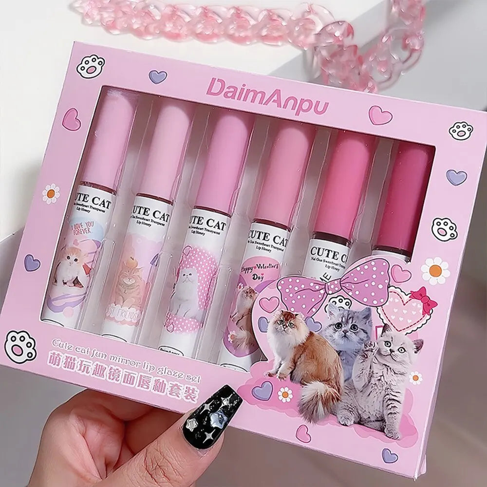 Cute Cat Mirror Lip Glaze Set – 6 Colors Hydrating Glossy Lip Stain