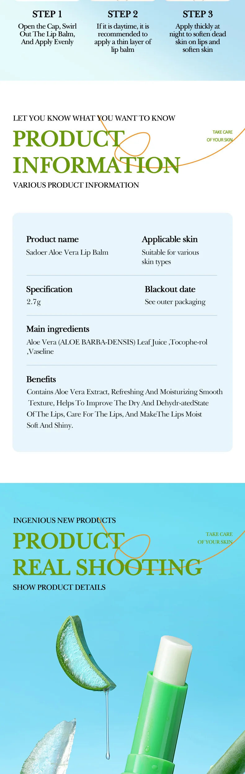 SADOER Aloe Lip Balm – Hydrating and Repairing Lip Care