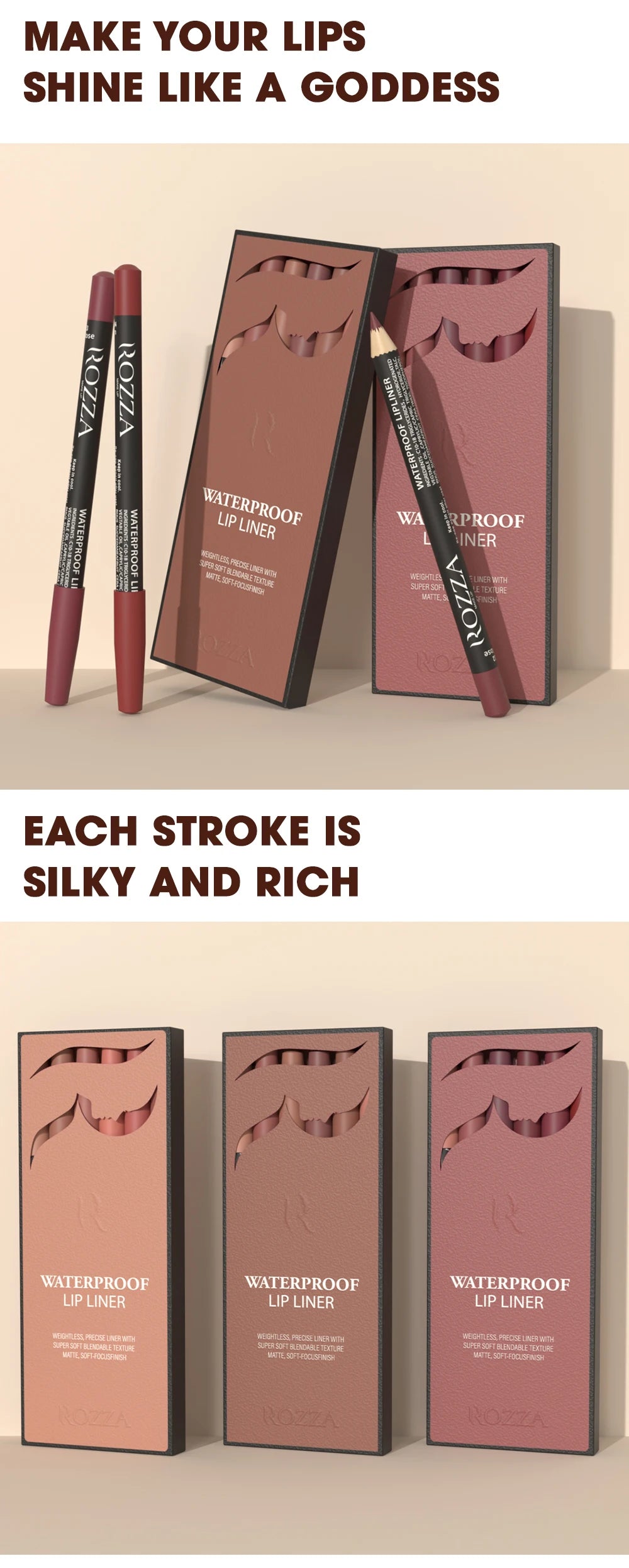 Rozza Waterproof Lip Liner Pencil Set – Matte, Soft & Blendable Precision Lip Liners