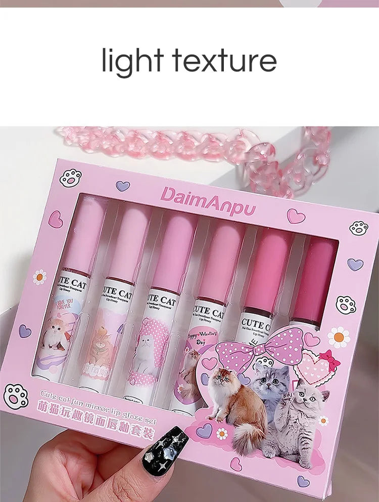Cute Cat Mirror Lip Glaze Set – 6 Colors Hydrating Glossy Lip Stain