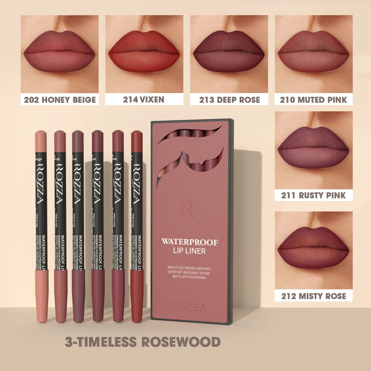 Rozza Waterproof Lip Liner Pencil Set – Matte, Soft & Blendable Precision Lip Liners