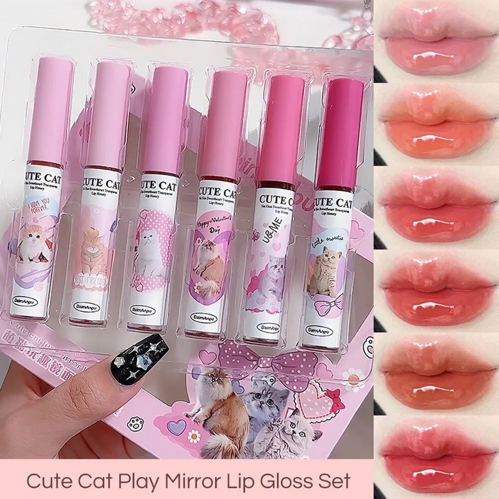 Cute Cat Mirror Lip Glaze Set – 6 Colors Hydrating Glossy Lip Stain