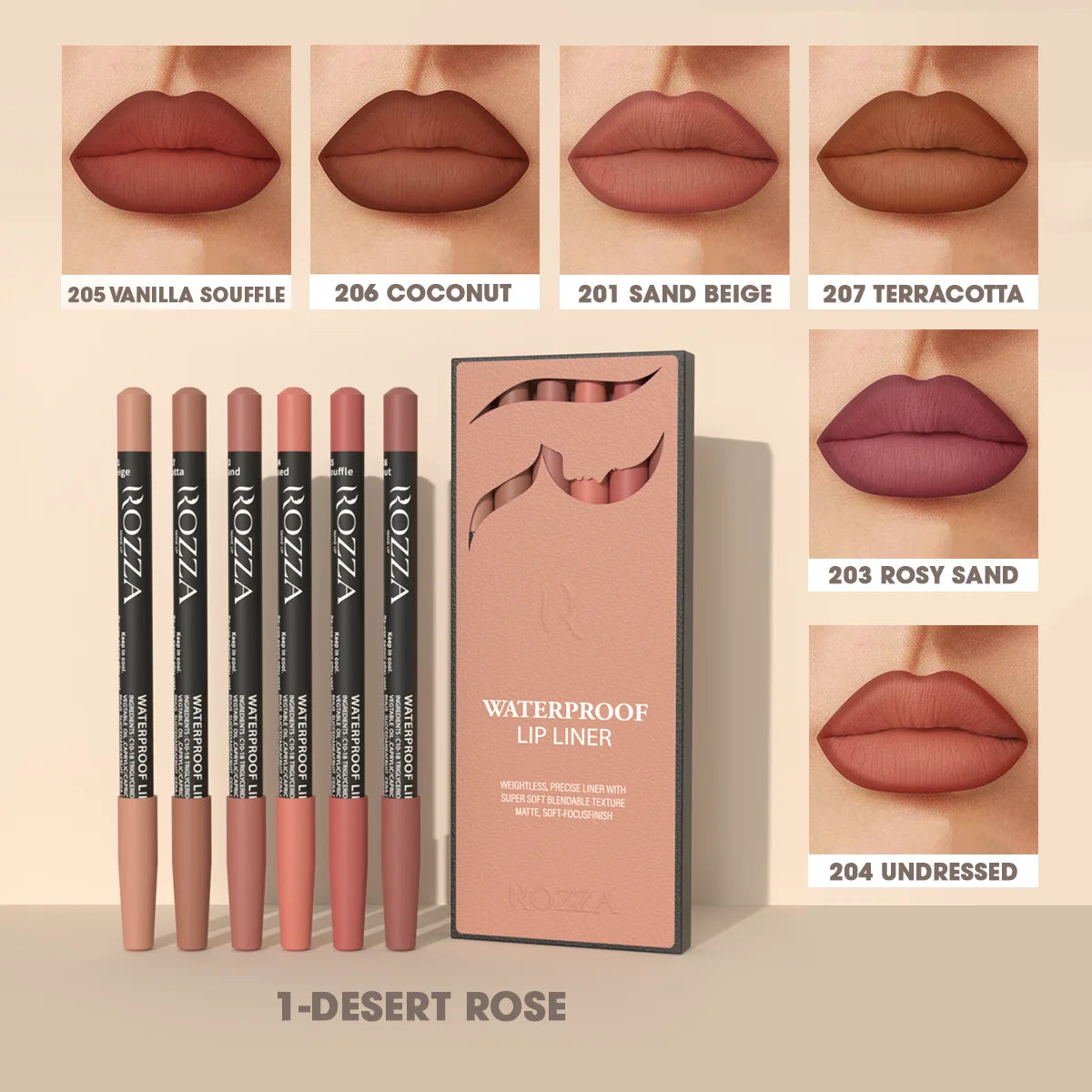 Rozza Waterproof Lip Liner Pencil Set – Matte, Soft & Blendable Precision Lip Liners